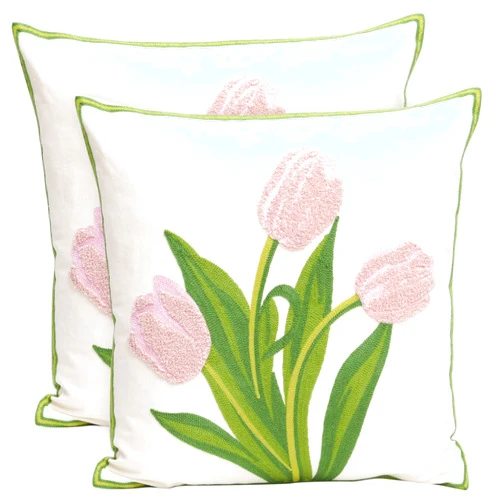 Pilmandu Pack of 2 Embroidered Decorative Throw Pillow Cover 18x18 Inch Farmhouse Floral Pillowcase for Living Room Sofa Bed (Pink Tulip)