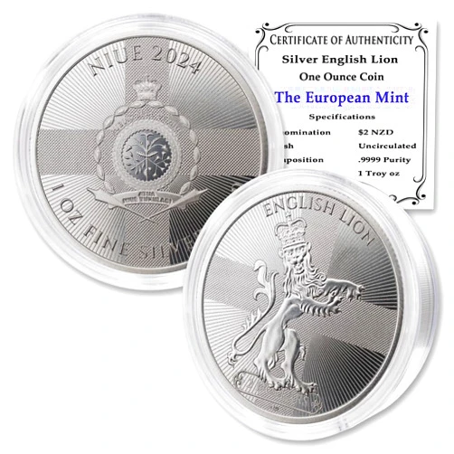 MINT STATE GOLD 2024-1 oz Niue Silver Heraldic Series: English Lion Coin Brilliant Uncirculated (in Capsule) with Certificate of Authenticity $2 Seller BU