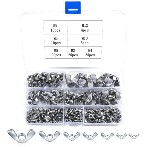 Bayidun Wing Nut Assortment Set, 100pcs Wing Nuts Fasteners Kit, Butterfly Wing Nuts, Stainless Steel Butterfly Wing Nuts, Butterfly Nuts, Hand Twist Tighten Ear Wingnuts - M3/M4/M5/M6/M8/M10/M12