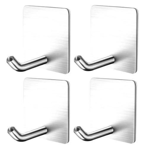 SouLips Adhesive Hooks, Self Adhesive Brush Silver Mount Hanger Heavy Duty Rugged 304 Stainless Steel Hooks for Robe Coat Towel, Strong Sticky Hanging Hooks for Doors Kitchen Bathrooms Office, 4 Packs