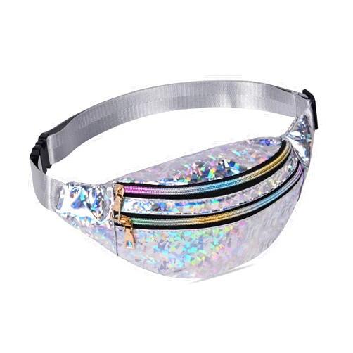 Aucuu Holographic Fanny Pack for Women, Fashion Water Resistant Waist Bag, with Adjustable Belt & Multi-Pockets, Sport Casual Waist Pack for Travel, Hiking, Party, Daily Use (Shiny Silver)