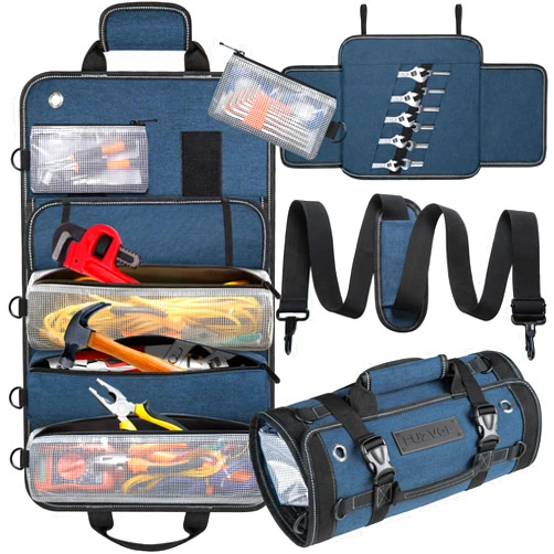 FUZVOL Roll Up Tool Bag, FUZVOL Heavy Duty Tool Roll Bags with Small Detachable Tool Pouch and Wrench Roll Organizer, Gifts For Men, Mechanic, Electrician, Darkblue