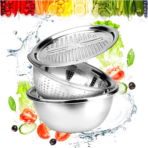 CloudyPeak Multifunctional Stainless Steel Drain Basket Multi-purpose Vegetable Slicer Graters For Kitchen,3 In 1 Graters Cheese Grater Salad Maker Bowl Drain Basin Ginger Grater Basket Vegetable Cutter