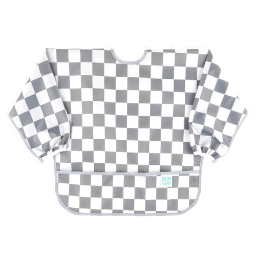 Bumkins Sleeved Bib for Girl or Boy, Baby and Toddler for 6-24 Mos, Essential Must Have for Eating, Feeding, Baby-Led Weaning Supplies, Long Sleeve Mess Saving Food Catcher, Fabric, Charcoal Check