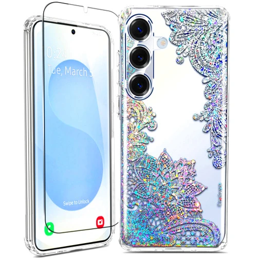Coolwee Clear Glitter for Samsung Galaxy S25 Case - 6.2 inch, Shockproof Thin Flower Slim Cute Crystal Lace Bling Women Hard Back Soft TPU Bumper Protective Cover for Samsung S25 Mandala Henna