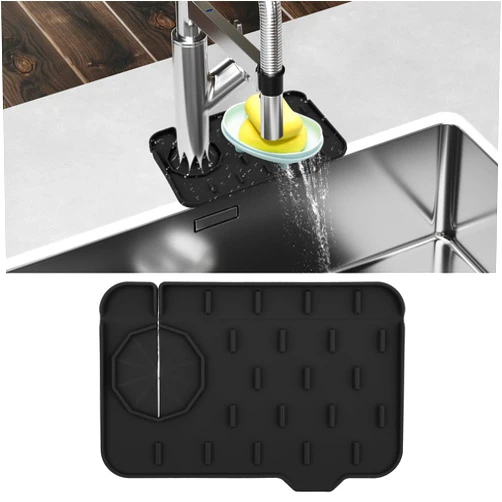 Dimeho Sink Faucet Splash Guard Mat Silicone Soap Dish Pad Faucet Handle Drip Catch Sponge Holder Sink Protector Trays for Bathroom Kitchen Countertop Gadgets Accessories 8.3 x 5.7 Inch(Black)