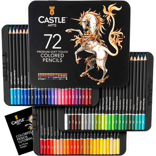 Castle Art Supplies 72 Colored Pencils Set | Quality Soft Core Colored Leads for Adult Artists, Professionals and Colorists | Protected and Organized in Presentation Tin Box