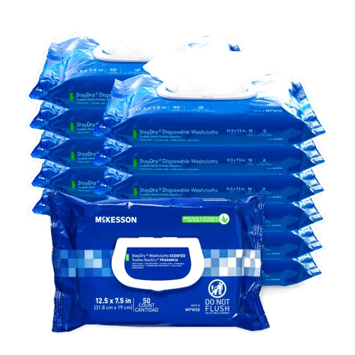 McKesson StayDry Disposable Wipe 12 Pack, 600 Washcloths - Large Adult Body and Incontinence Washcloths with Aloe and Vitamin E, Alcohol-Free, 50 Wipes Per Pack