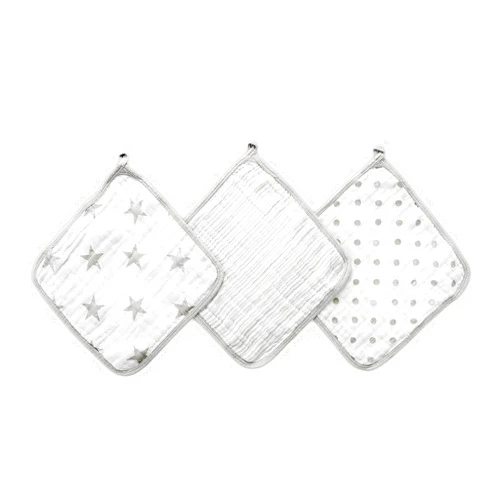 aden + anais Essentials Washcloth Set, Super Soft 100% Cotton Muslin, 3-Pack, Dusty Gray Stars