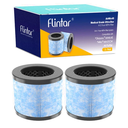 Flintar True HEPA Filter Replacement, Compatible with Miko Ibuki C102, MA-04GB Air Purifier and Okaysou AirMic 4S Air Purifier, H13 Grade True HEPA and Activated Carbon Filter Set (2-Set)