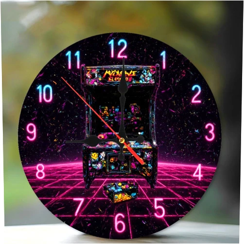 SEMARY Retro Arcade Clock Neon Synthwave 80s Gift 10-Inch Wooden Wall Clock, Silent Movement, Battery Operated (AA Batteries Not Included), Artistic Home Decor, Perfect for Home Accents