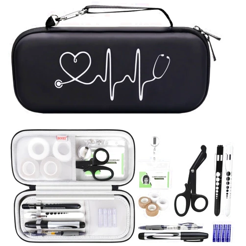 BOVKE 15 Pcs Stethoscope Case Nurse Tool Sets Include Stethoscope Case, Medical Scissors, 2 Penlights with Batteries, Bandage Wraps, Name Card Holder for Nursing School Essentials, Black
