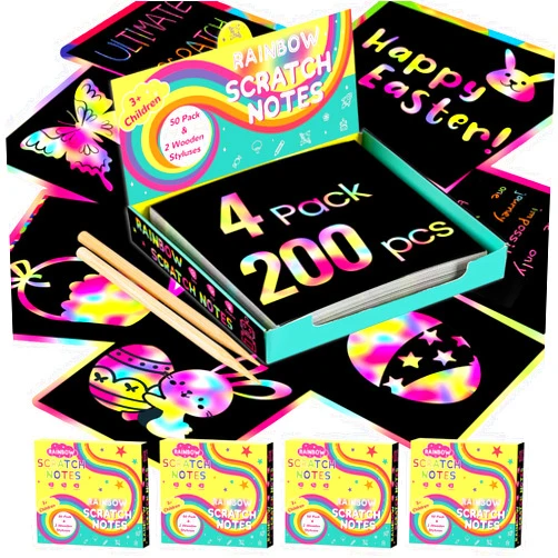 POIKSHARK 200 PCS Rainbow Scratch Art Paper Easter Basket Stuffers for Kids Ages 3-12,Arts and Crafts Gifts for Teen Girls,Birthday Classroom Party Favor Games Supplies for Boys and Girls,4 Pack