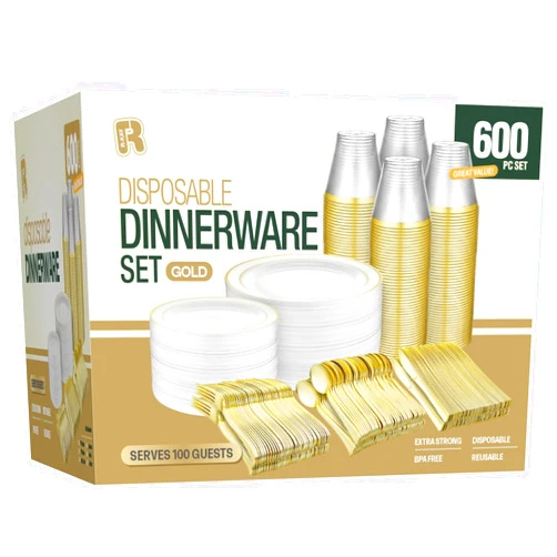 R-kay 600pcs Plastic Dinnerware Set 100 Guest, Gold Plastic plates for party, Gold Party Plates Sets For 100 Guests, Wedding Plates Disposable Set 100 Guests Includes Plates, Cups, And Cutlery.