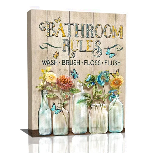Shuweienphant Farmhouse Bathroom Wall Art Flower Butterfly Floral Pictures Wall Decor Bathroom Rules Mason Jar Canvas Painting Print Artwork Modern Home Decor Framed for Bathroom 12''X16''