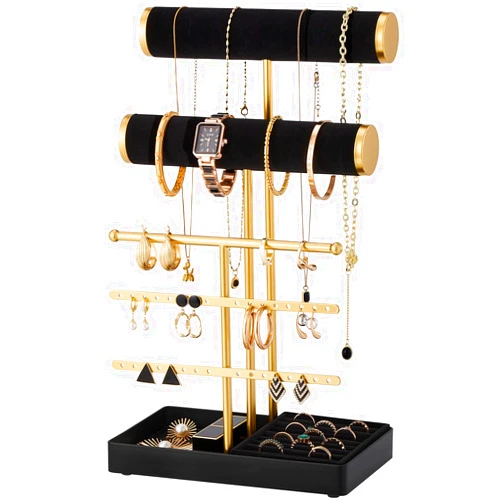 Lolalet Bracelet Display Stand Necklaces Holder, 5 Tiers Jewelry Organizer and Storage Rack with Velvet Slot and Metal Base, for Women Bangles Watches Ring Earrings -Black