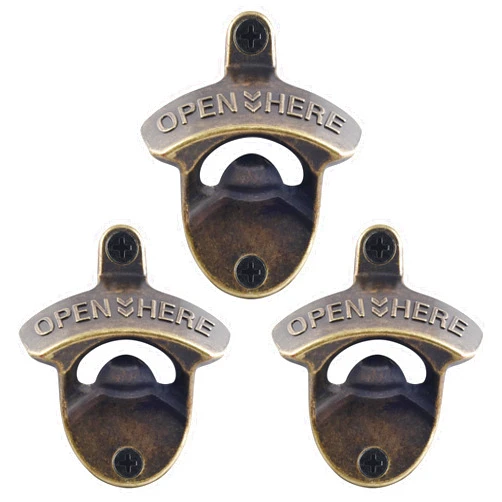 HAIICEN Aged Brass Bottle Opener Wall Mount, Vintage Stainless Stationary Bottle Top Opener for Retro Bar KTV Kitchen (3 PCS)
