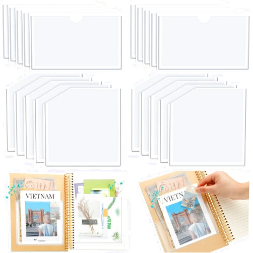 Junkin 20 Pcs Adhesive Pockets for Planners Index Card Pockets Planner Accessories Folder Self Sticky Clear Ideal Holder Top Open Add Storage Space to Notebooks Journal Office School Vinyl, 2 Styles