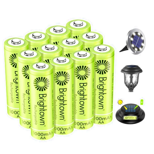 Brightown 12-Pack Rechargeable AA Batteries - 1000mAh 1.2V NiMH High Capacity Batteries - Ideal for Solar Lights & Home Devices, Recharge up to 1000x Times, Pre-Charged