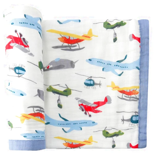 CHUNGEL 4-Layer Toddler Blanket for Daycare Cotton Muslin Quilt Baby Blanket – 47 x 47” Crib Blankets for Toddlers and Baby Boys, Girls (Airplanes)