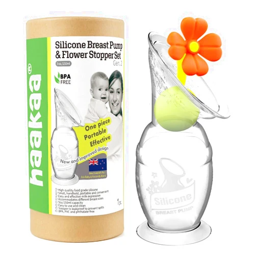 haakaa Manual Breast Pump Hand Pump Milk Pump Breast Milk Collector with Suction Base and Flower Stopper 100% Food Grade Silicone BPA Free (5oz/150ml) (Orange)