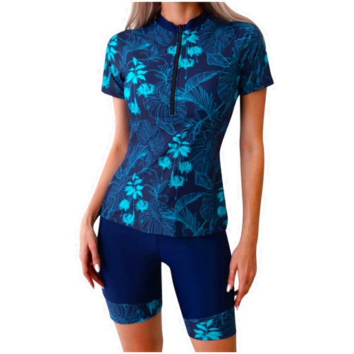 Huilaibazo Women Two Piece Rash Guard Short Sleeve Swim Shirt with Shorts Swimsuits Zipper Surfing Bathing Suit Swimwear Set