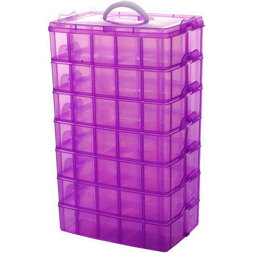 Sooyee 7 Layers Stackable Storage Container, 70 Adjustable Compartments Stackable Storage Container for Kids Toys, Art Crafts, Jewelry, Supplies, Mini Case & Letter Sticker Included,Clear,Purple