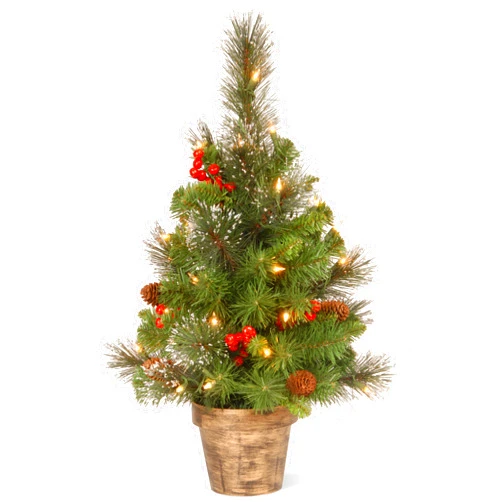 National Tree Company Pre-Lit Artificial Mini Christmas Tree, Green, Crestwood Spruce, White Lights, Decorated with Pine Cones, Berry Clusters, Frosted Branches, Includes Pot Base, 2 Feet