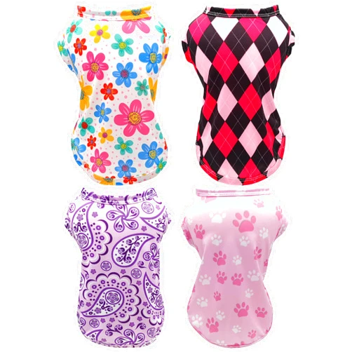 PET SHOW 4 Pack Cooling Dog Shirts Puppy Summer Clothes Paisley Vest Paw Printed Sleeveless Cats Doggies Floral T-Shirts Plaid Tank Top Tee for Small Medium Dogs (M, Pink for Girls)