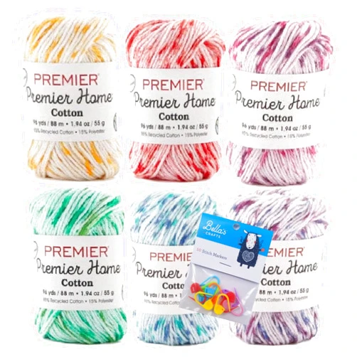 Bella's Crafts Premier Home Cotton Yarn 6-Pack Bundle with Bella's Crafts Stitch Markers (Speckle Asst #103)
