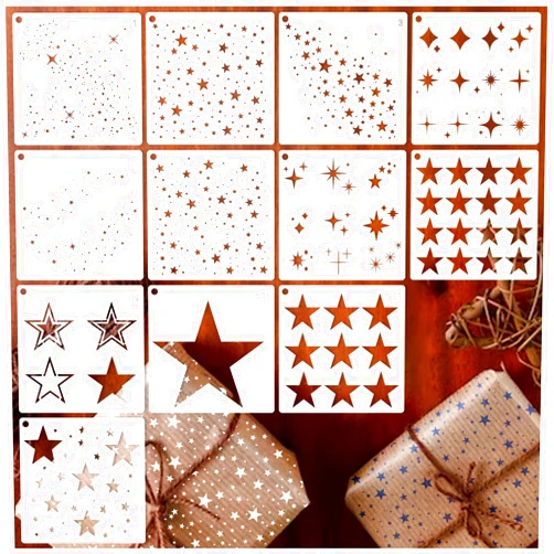 Boqon 12 Pieces Sparkle Star Stencil Stars Background Craft Stencils Mixed Media Stencils for Painting on DIY Card Making Scrapbook Paper Fabric Pillows (12 Star)