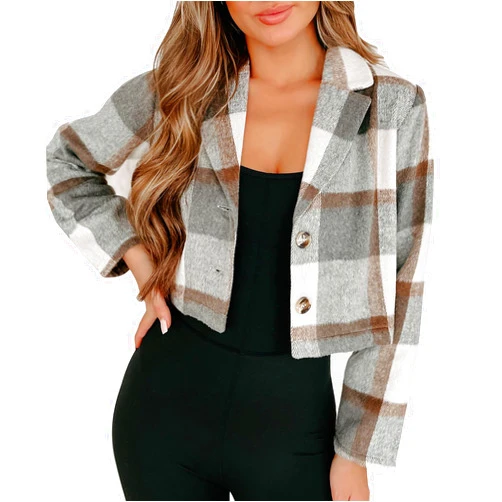 Merryfun Womens Flannel Cropped Shacket Jacket Fashion Lapel Plaid Coats Button Down Casual Blazer Winter Fall Outfits 2024
