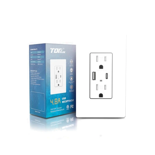 TOPELER USB Outlet, 4.8Amp Type C Wall Charger Power Outlet, Electrical Socket with USB C/A Ports, 15 Amp Tamper Resistant Receptacle, Screwless Wall Plate Include, ETL Listed, White