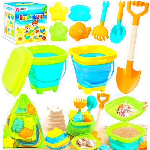 DUDUCOFU Collapsible Beach Sand Toys for Kids Toddlers, Collapsible Sand Bucket with Sifter Shovels Set with Mesh Bag and Sand Molds, Travel Beach Sandbox Toys for Boys Girls 3 4 5 6 7 8 9 10
