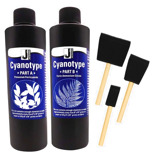 Positive Art Jacquard Cyanotype kit Sensitizer Set of 2 ,Cyanotype Chemicals for Photographic Blueprints on Paper and Fabric & More ,with Positive Art & 3 Foam Sponge Brushes
