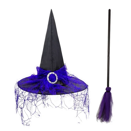 KatchOn, Halloween Purple Witch Hat And Broom - Large Witch Hat Women | Witch Broomstick Adult | Witch Accessories for Women | Witch Broomstick Kids | Adult Witch Broom Purple for Womens Witch Costume