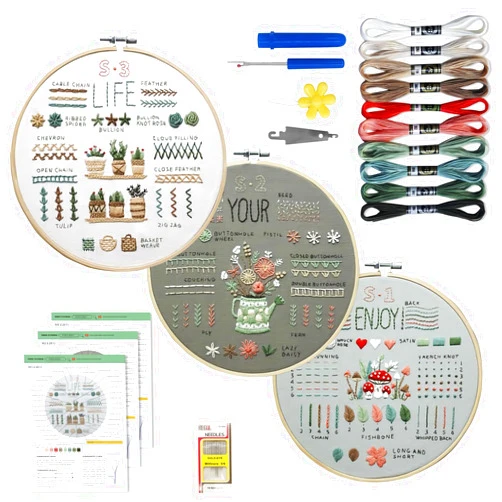 SUNUPA 3 Sets embroidery kits easy to follow videos&instructions for beginners adults to learn 33 Different Stitches DIY Kits Includes Stamped Flower Pattern Hoop Color Threads Tools For Decorative ornaments