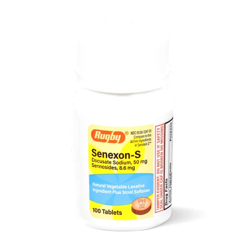 RUGBY LABORATORIES Rugby Senexon-S - Natural Vegetable Laxative Ingredient Plus Stool Softener, Constipation Relief - Docusate Sodium 50mg, Sennosides 8.6mg - 100 Tablets (1-Pack)