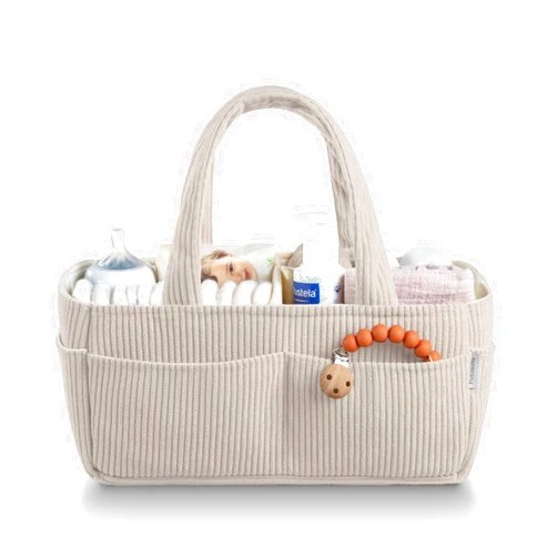PUTSKA Baby Diaper Caddy Organizer for Changing Table – Stylish Nursery Storage Basket, Newborn Essentials, Baby Shower Gifts and Registry Must-Haves for Boy or Girl, Car Diaper Caddy, Corduroy Cream