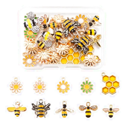 KISSITTY 28pcs/box Enamel Bee Charm Pendants Daisy Flower Dangle Charm for Earrings Necklace Bracelet Jewelry Making and Crafting