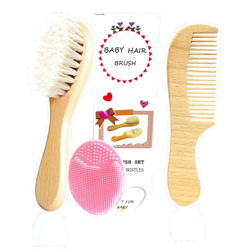 Molylove 3PCS Baby Hair Brush with Wooden Handle and Comb Set for Newborns & Toddlers | Natural Soft Goat Bristles l Wood comb l Pink Silicone Brush| Ideal for Cradle Cap