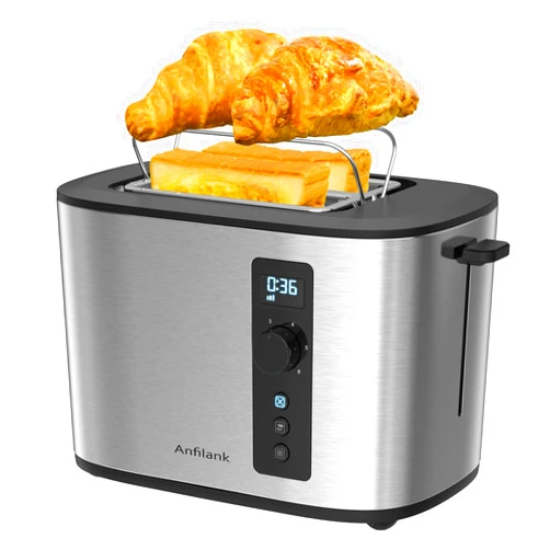 Anfilank Extra Wide Slot 2-Slice Toaster with Digital Countdown Timer, Stainless Steel, 6 Browning Settings, Built-in Warming Rack, Cancel/Bagel/Defrost Functions