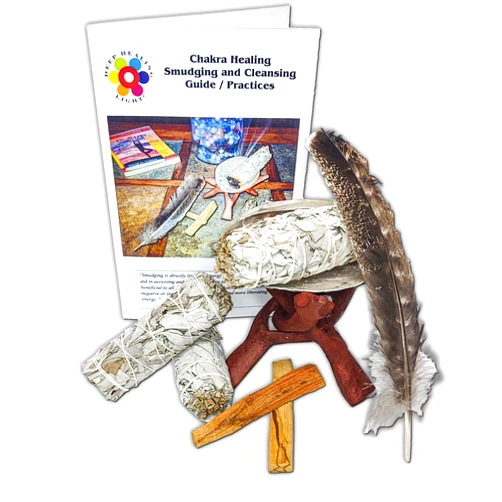 Deep Healing Light 9 Pc Chakra Healing Smudging and Cleansing Kit with Guide - Economy Version. White Sage Bundles, Abalone Shell, Palo Santo Sticks, and Tripod Stand. Helps Remove and Purify Negative or Stuck Energy
