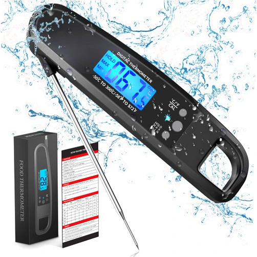 POWLAKENXS Instant Read Meat Thermometer for Kitchen Cooking, Ultra Fast Precise Waterproof Digital Food Thermometer with Backlight, Magnet and Foldable Probe for Deep Fry, Outdoor BBQ, Grill (Black)