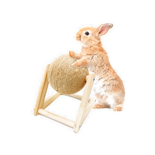 BNOSDM Rabbit Scratch Toy Wooden Sisal Rabbit Scratching Ball Bunny Scratcher with Ball for Rabbits Bunnies Ferrets Kittens Small Animals (Small)