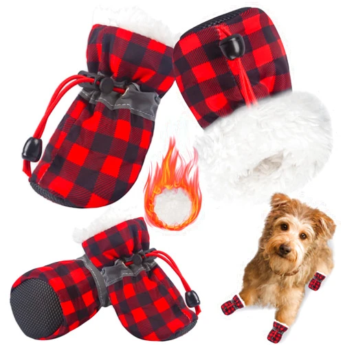 TEOZZO Dog Snow Boots Dog Shoes for Small Medium Size Dogs Booties Paw Protector Warm Pet Boots for Puppies 4PCs Black & Red Size 7