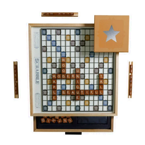 WS Game Company Scrabble Luxe Maple Edition with Rotating Solid Wood Cabinet