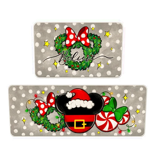 Tailus Christmas Believe Santa Mouse Kitchen Rugs Set of 2, Xmas Wreath Peppermint Candy Kitchen Mats Decor, Polka Dot Winter Holiday Door Mat Home Decorations -17x29 and 17x47 Inch