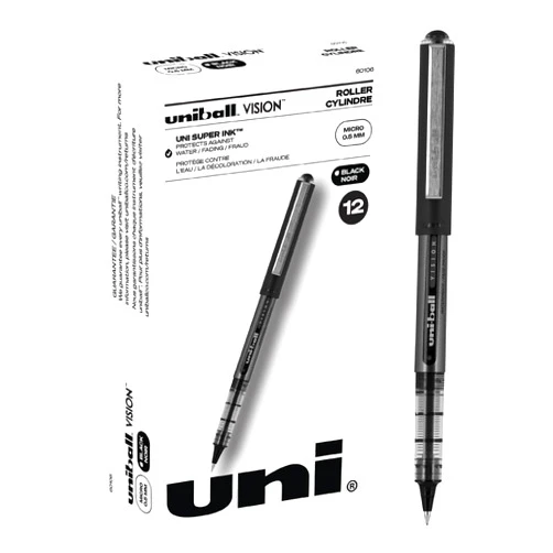 Uni-Ball Uniball Vision Rollerball Pen - 12 Pack, Black Pens, 0.5mm Micro Tip Size - Smooth Writing Japanese Pens, School Supplies