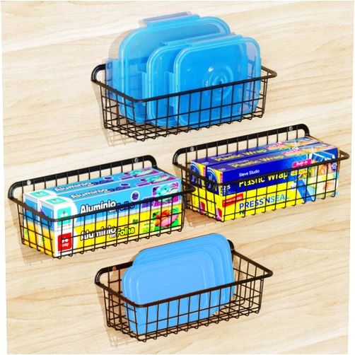 Warmfill Wall Wire Baskets - 4 Pack Black Small Hanging Storage Baskets Add More Space for Kitchen Cabinet Bathroom to Store Small Items, Sturdy Easy Installation, Black